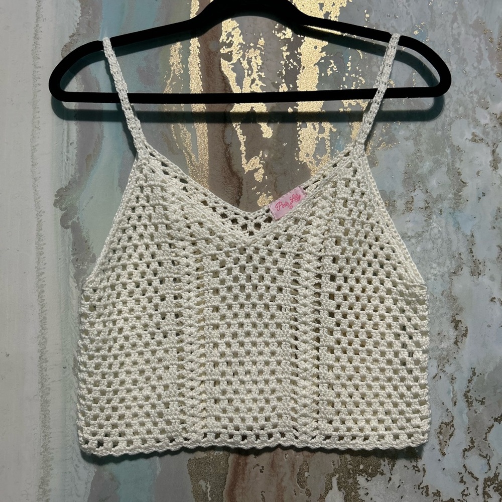 Pink Lily White Crochet Crop Top sz medium